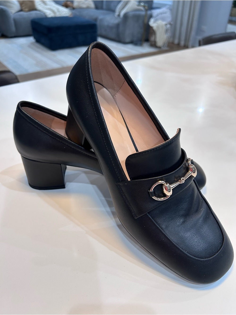 Gucci Black Leather Mid Block Heel Loafer with Metal Horsebit